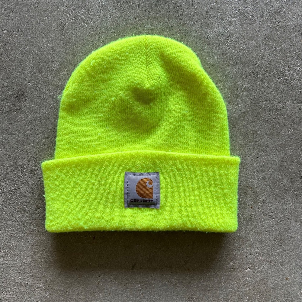 Carhartt Beanie Hat Cap One Size Yellow High Visibility Patch Logo Knit Cuffed